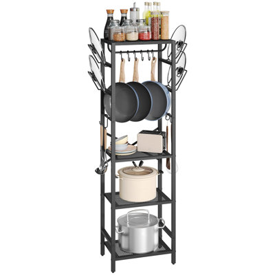 4-Tier Pot Rack, Pots and Pans Organizer for Kitchen Corner, Kitchen Storage Rack with U-Shaped Lid Holders, Freestanding Cookware Stand, (Black)