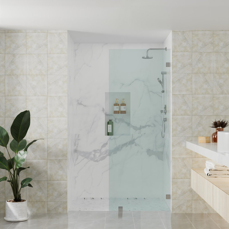 37"W x 76"H Fixed Frameless Shower Screen with 3/8" Clear Glass, Brushed Nickel, 37"W x 76"H