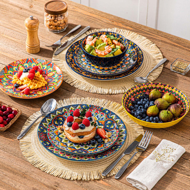 Service de table 24 pièces en céramique 24 pièces, service complet pour 6,6 motifs uniques, assiettes artistiques, bols et tasses, ensemble de divertissement