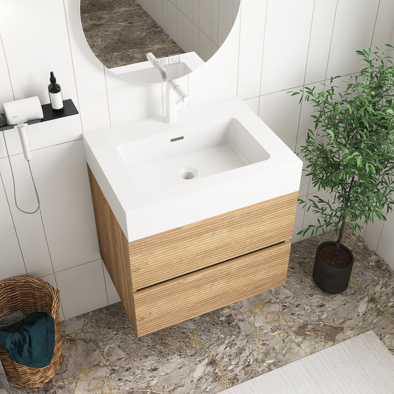 Modern Bathroom 24 Inch Rough Oak Bathroom Vanity With One-Piece Glossy White Engineered Quartz Sink And Soft Drawers, Wall Mounted Floating Bathroom Vanity