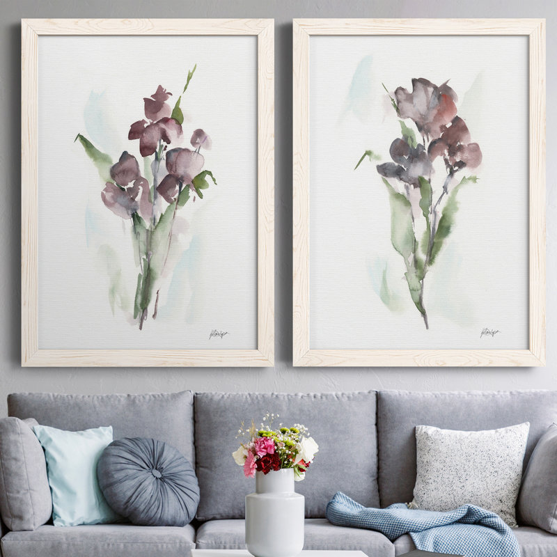 " Plum Bouquet I " 2 - Pieces, White Framed Canvas, 27.5cm H x 37.5cm W x 1cm D, No Mat