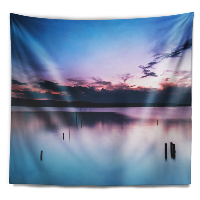 Tapisserie avec accessoires suspendus en tissu de mer de coucher de soleil sur lake, H 68 po x l 80 po