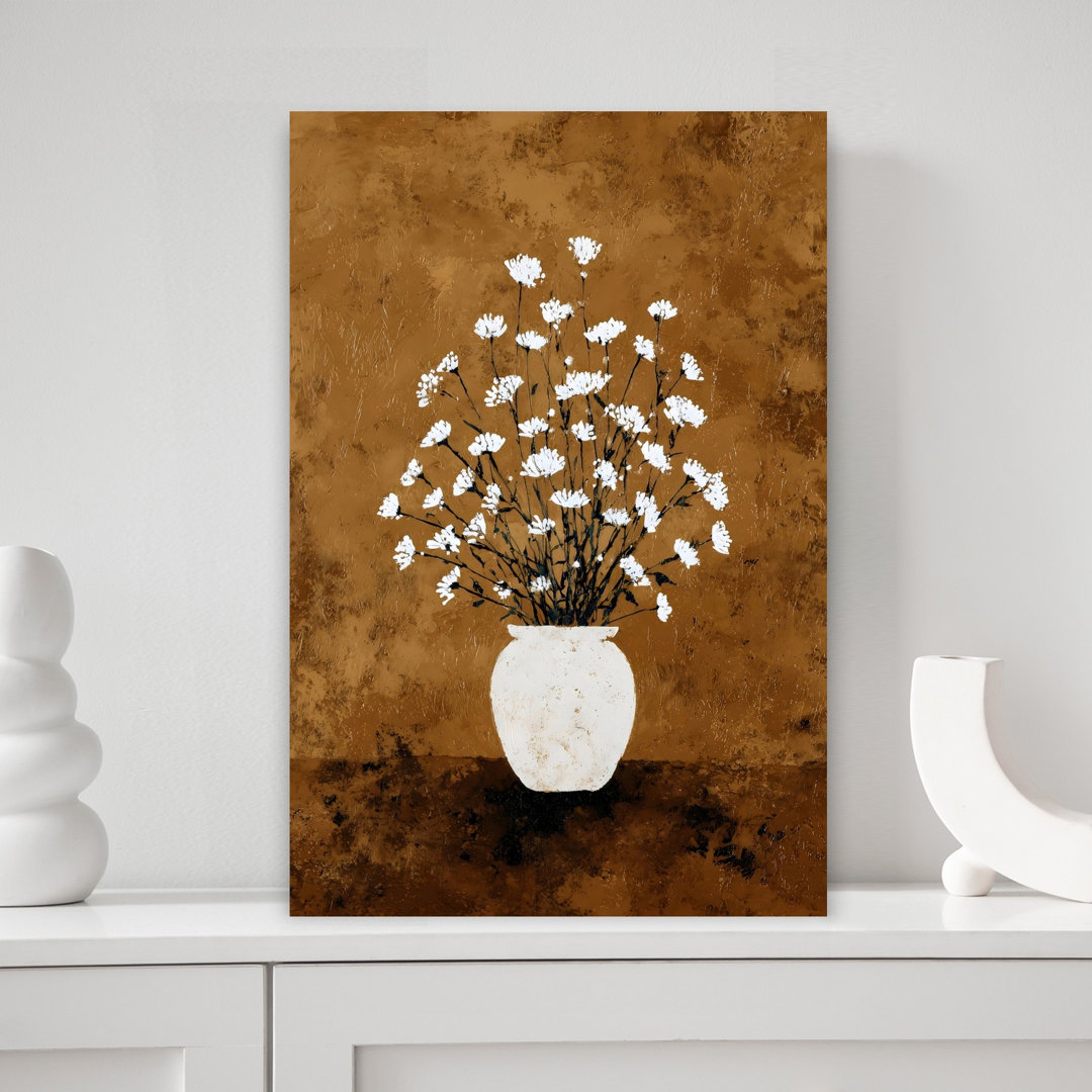 White Florals In White Vase I Classic Contemporary Delicate Nature Wall Art Print