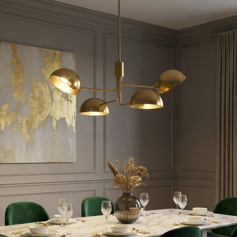 36" W 4-Light Dimmable Sputnik Chandelier with Metal Shades, Antique Brass