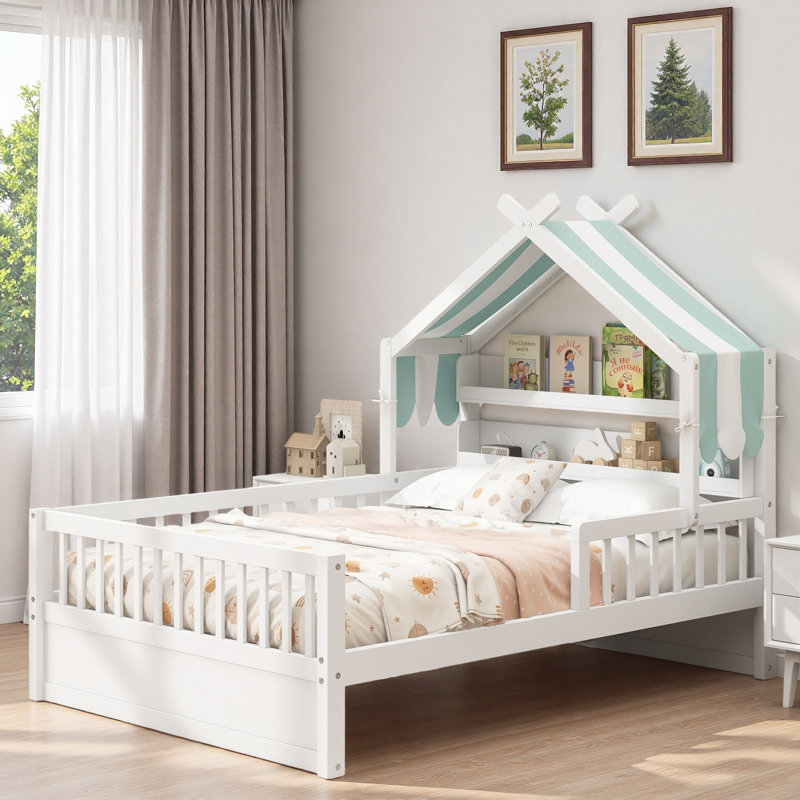 Lit maison en bois avec tablettes de tête de lit, Twin, White