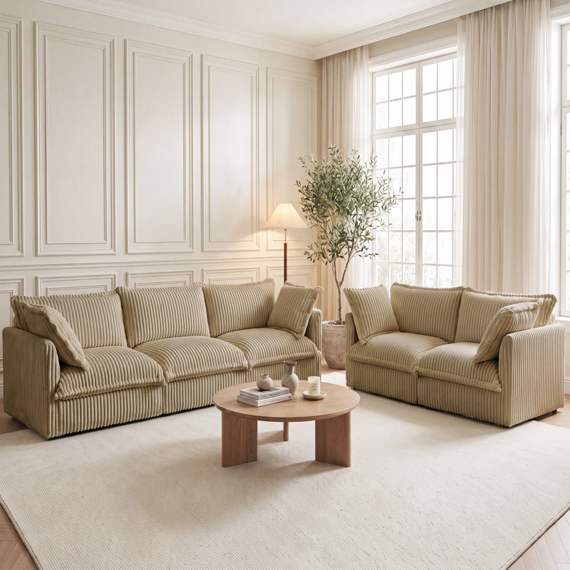 Ensemble de salon, ensemble de 2, canapé en velours côtelé, pour le salon, 2 Pcs: Loveseat, Sofa, Camel Corduroy