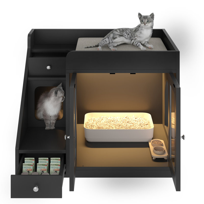 Enceinte de litière pour chat avec lumière, Noir
