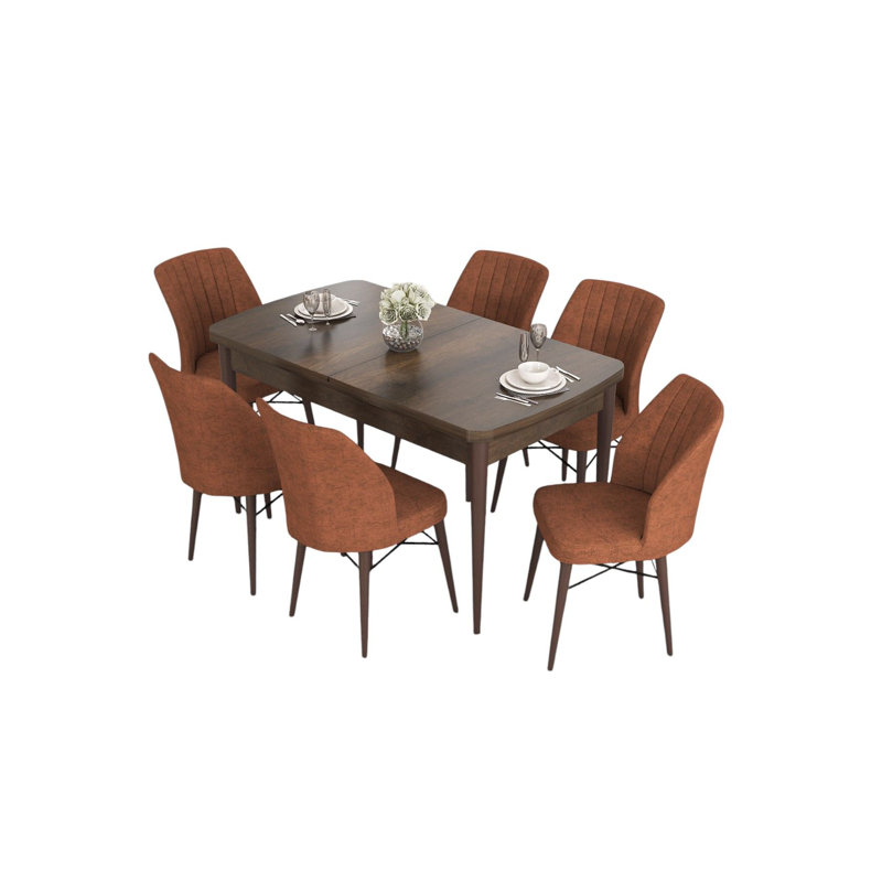 Ensemble de table et chaises de salle à manger extensible (7 pièces), rouge baroque et carrelage | 100% panneau de fibres à densité moyenne avec pieds en bois, structure en métal | Table de salle à manger: 51,2 po x 30,7 po x 31,5 po (ouverte: 66,9 po) | 6 chaises avec coussins en mousse, parfaites pour les réunions de famille