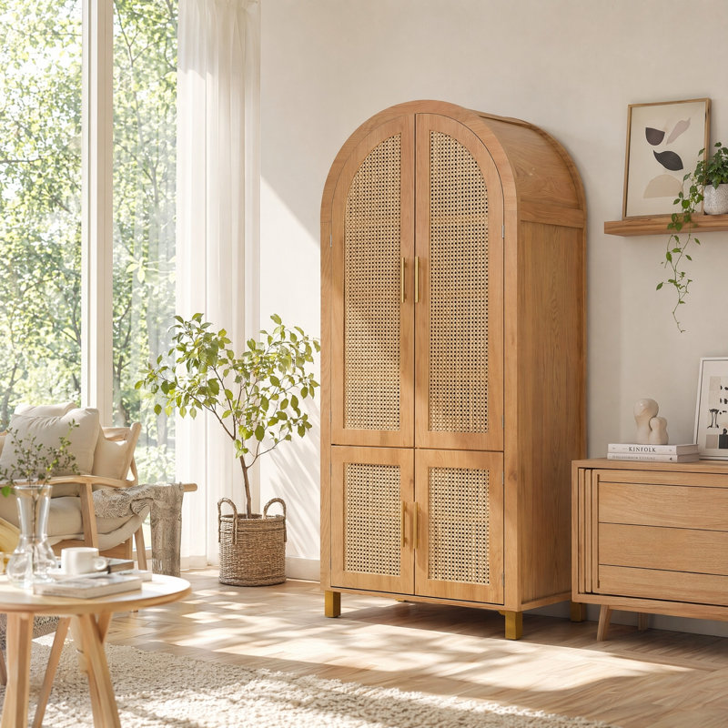 Armoire haute cintrée UNABO avec portes en rotin et étagères réglables, armoire de rangement à 4 portes, Chêne
