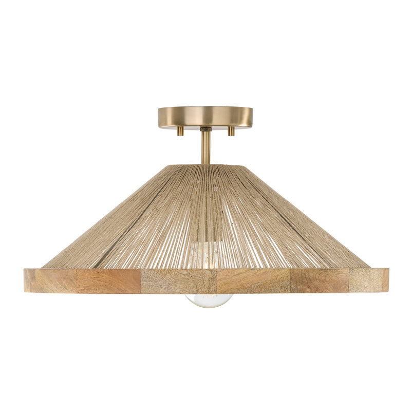 19"W x 7"H 1-Light Dual Mount Pendant in Matte Brass with Mango Wood and Handwrapped Jute Rope