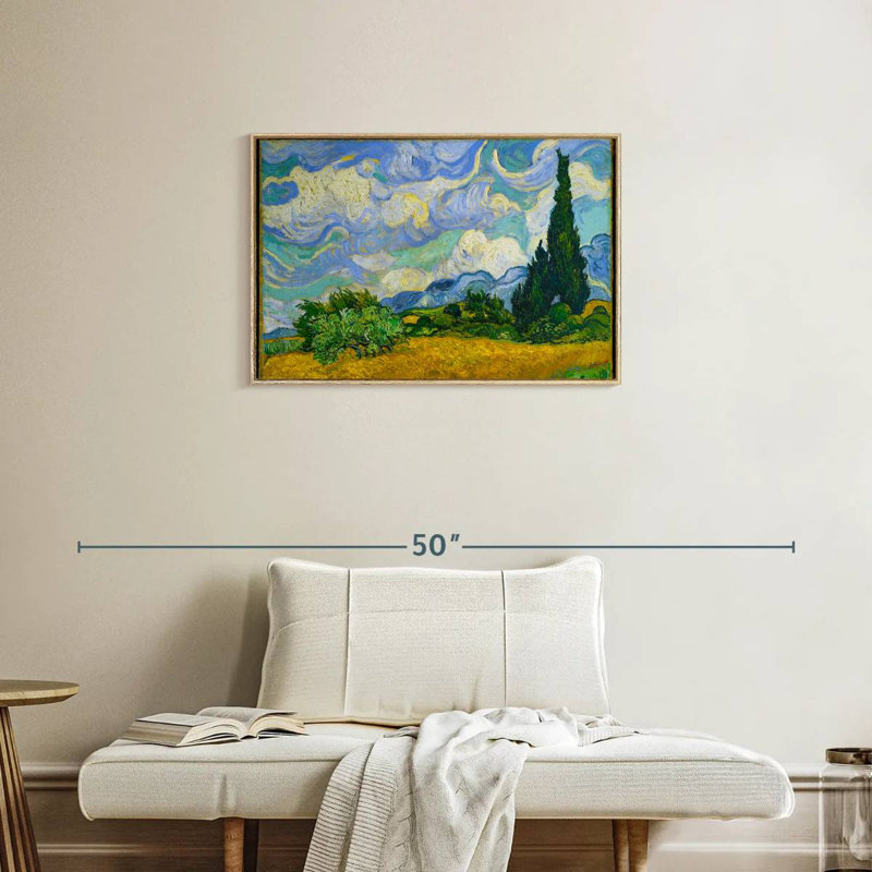 Champ de blé avec cyprès, Cadre flottant en bois naturel, 31 po x 21 po