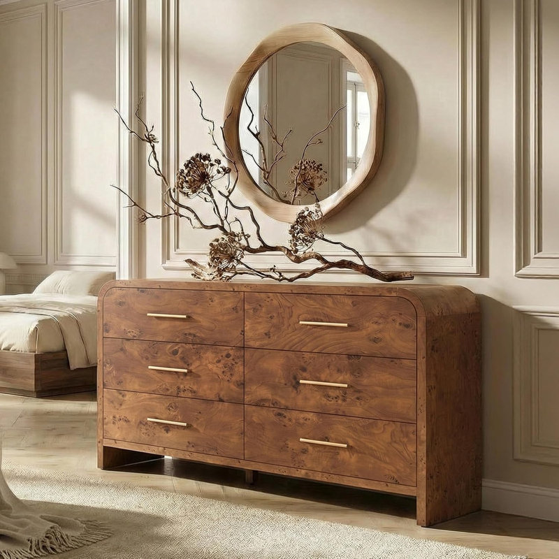 Modern 6-Drawer Storage Cabinets With Large Rounded Corner Dresser, Brown Burl Wood