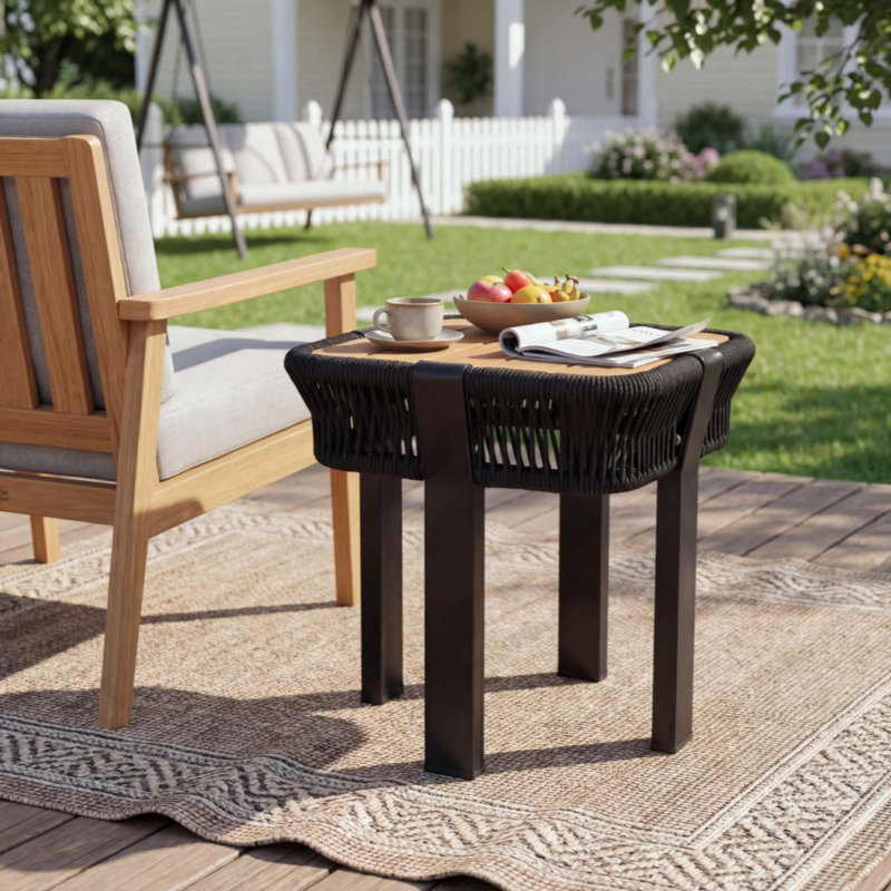 Table d'appoint en bois d'acacia, table de bout d'extérieur pour patio d'une capacité de 120 lb avec corde et structure en métal, table d'appoint carrée pour la cour arrière, balcon, salon
