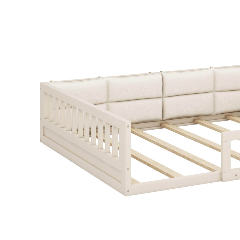Lit plateforme double avec garde-corps et coussin, Beige