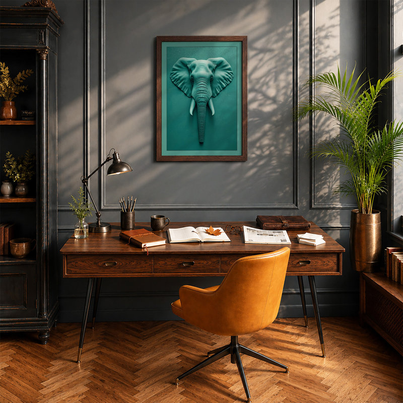 Elephant Head Sculpture Modern - Framed Print, A2 - 59.4 x 42.0 cm, Oak