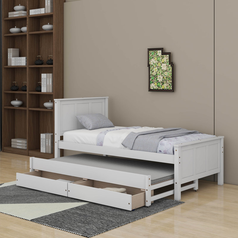 Lit plateforme simple avec lit gigogne et tiroirs, Blanc