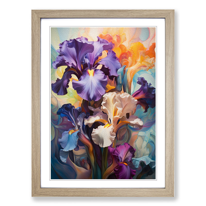 Iris Flower Contemporary No.2 - Single Picture Frame Print on Wood, Oak , 64cm H x 46cm W x 2cm D