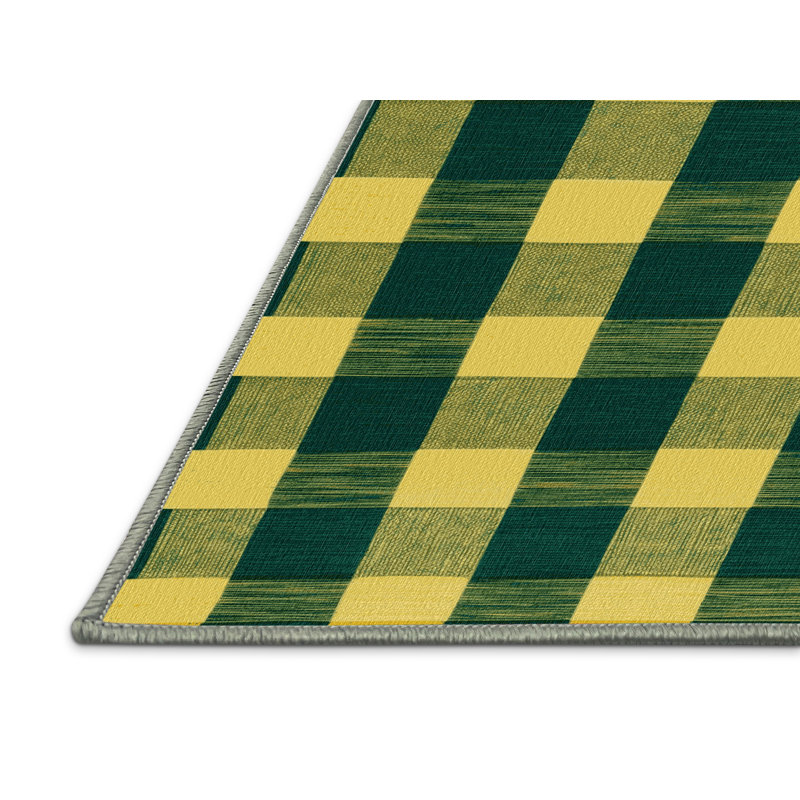 Machine Washable Checkered Green Area Rug, Square 6'