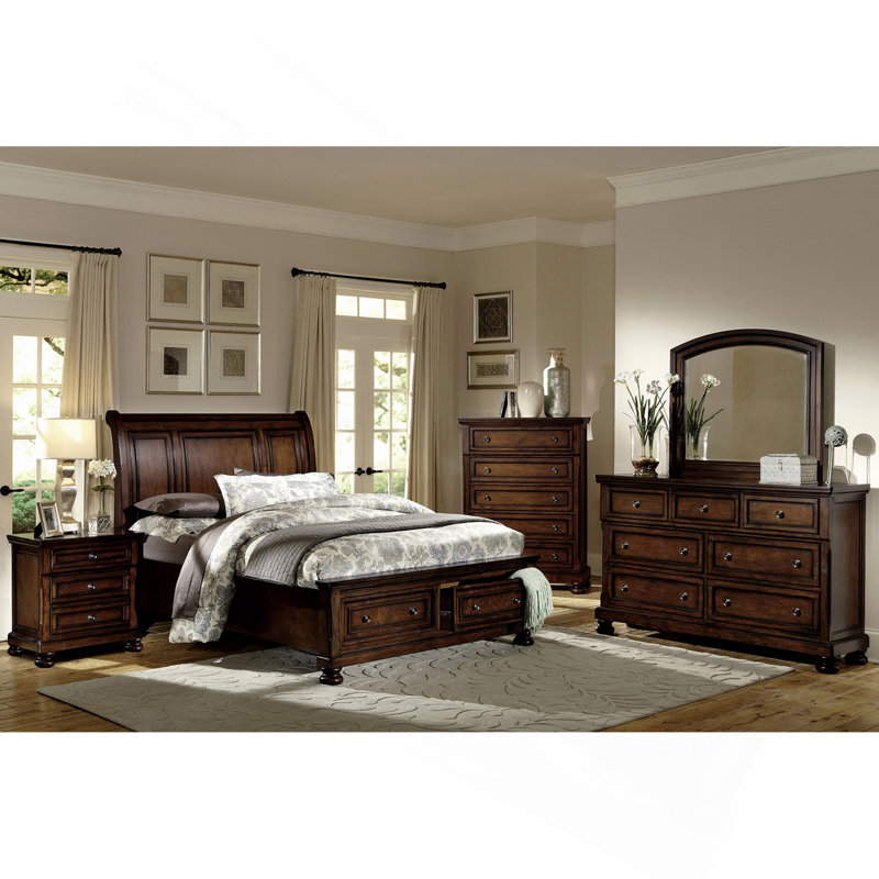 Lit plateforme traditionnel Queen avec tête de lit traîneau, finition cerisier brun, rangement au pied de lit, mobilier de chambre classique (1 pièce)
