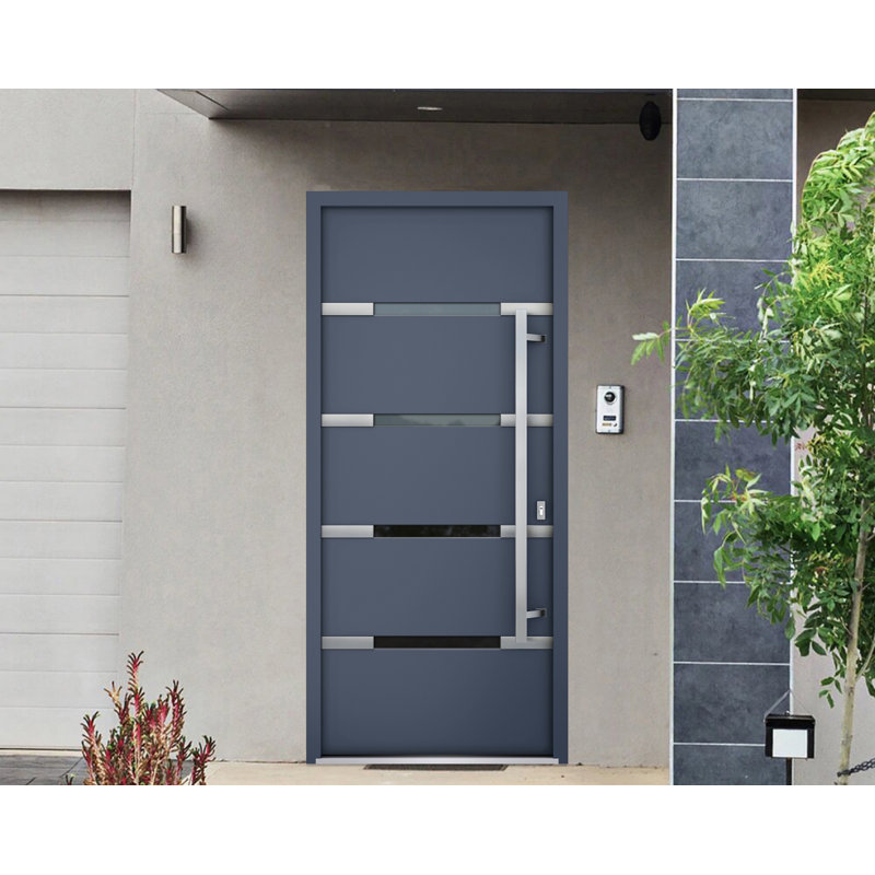 Porte d'entrée extérieure prémontée en acier Deux 1105, émail noir, inserts en acier inoxydable, style moderne, peinte, largeur 36 po x hauteur 80 po, ouverture à gauche vers l'intérieur