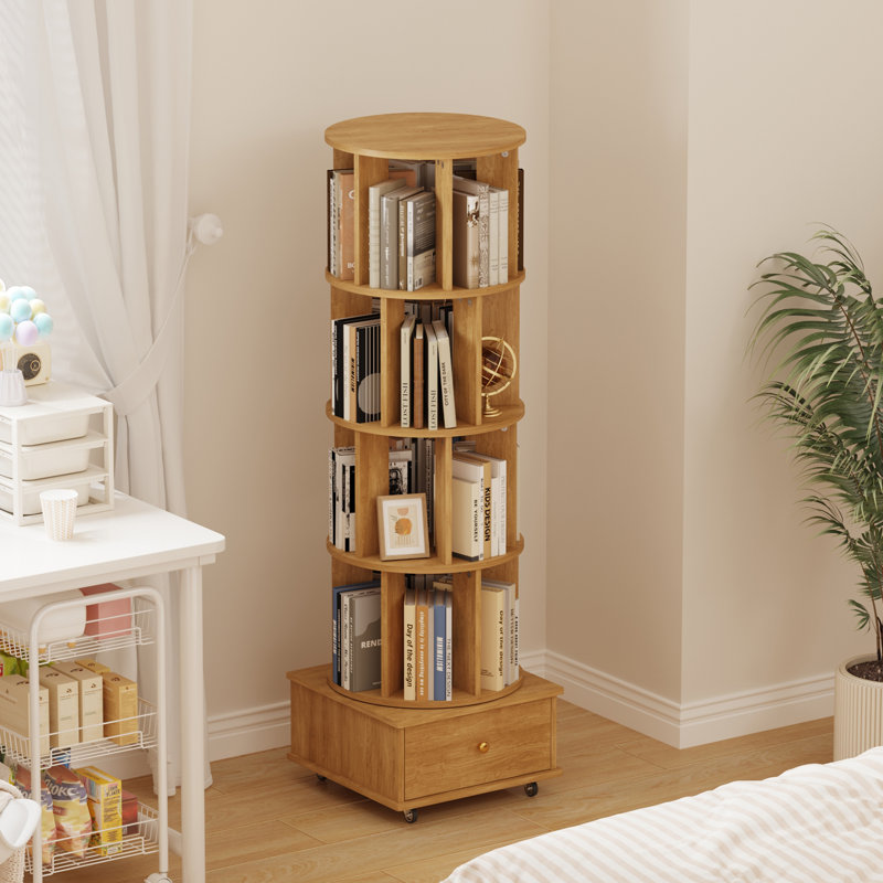 4-Tier Rotating Bookcase with Wheels and Drawers, 360° Swivel Corner Bookshelf, Solid Wood Storage Tower with Lockable Casters, Narrow Spinning Organizer for Living Room, Bedroom(Natural)