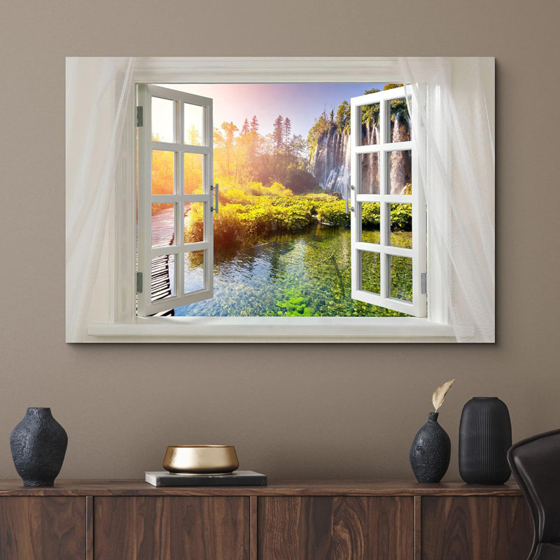 «Glimpse Into Waterfall In Autumn Open Window» sur toile, H 16 po x l 24 po