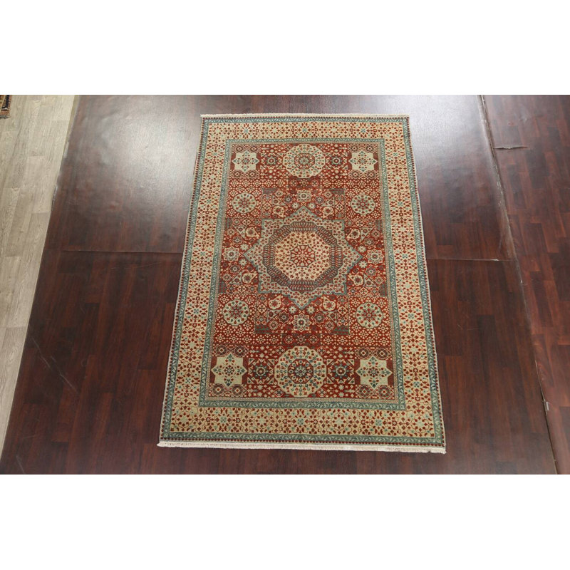 Tapis mamelouk unique en laine teint à la main orange / rouille / bleu / beige de conception unique 6 pi 2 po x 9 pi 3 po