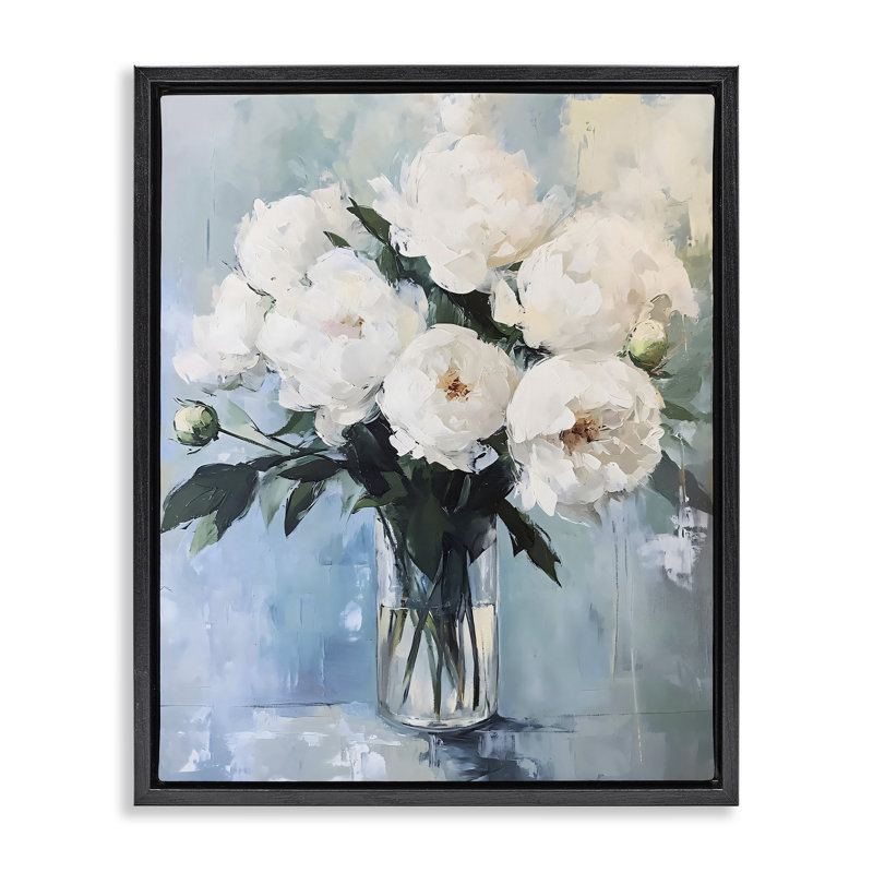 Vase de pivoines blanches, cadre flottant, design par LSR Creative Studio, Cadre flottant noir de jais, H 21 po x l 17 po