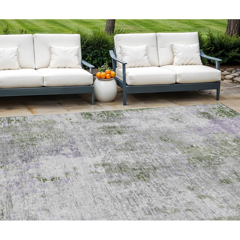 Tapis extérieur lavable abstrait vert olive et gris 10 pi x 14 pi