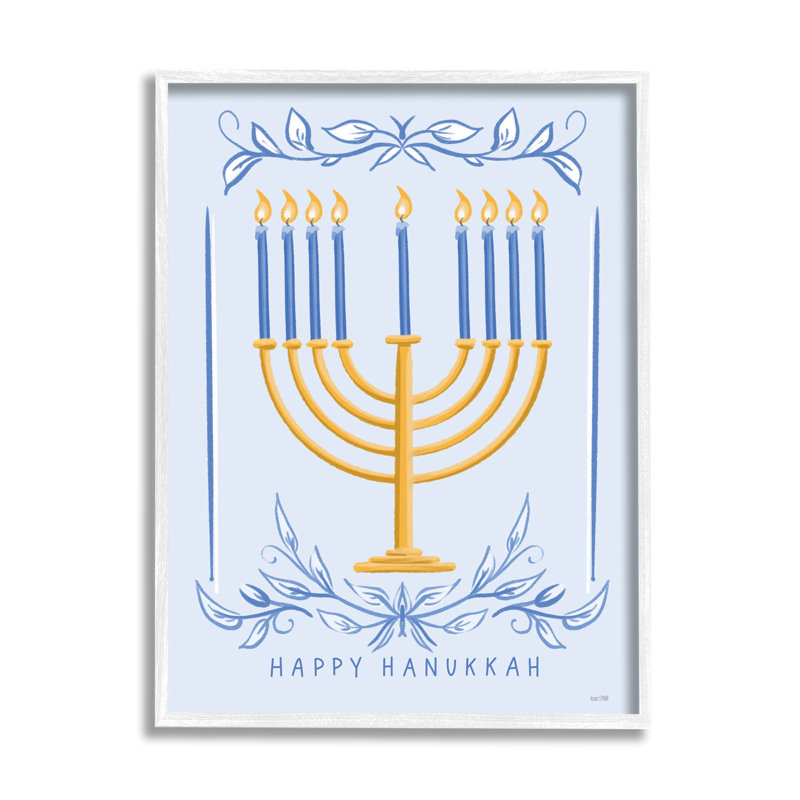 «Happy Hanukkah Botanical Menorah» at-173, H 14 po x l 11 po x P 1,5 po, Giclée encadrée blanc bord de mer