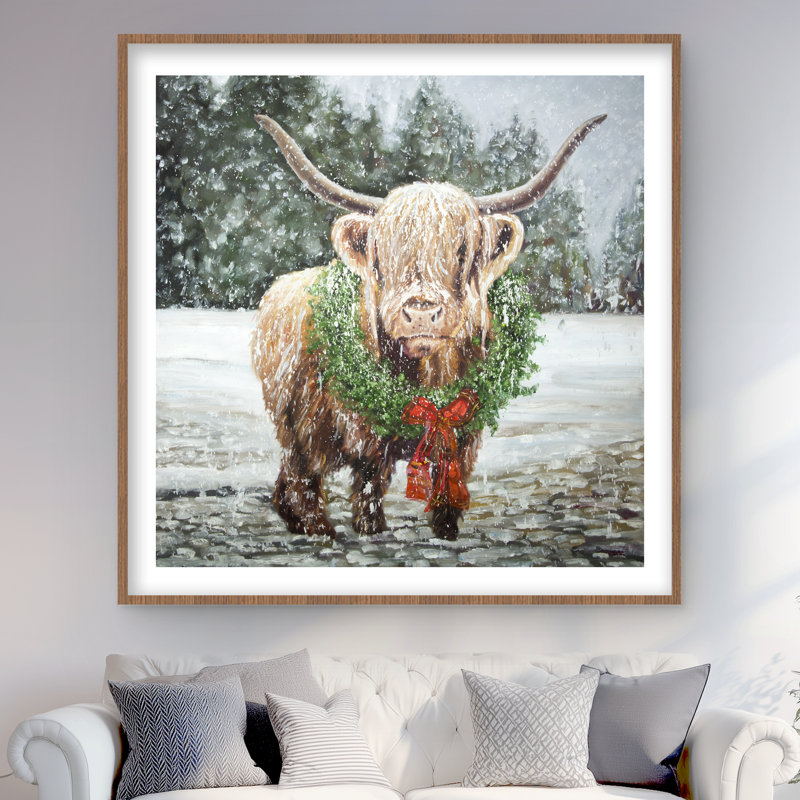 Highland Christmas Cow - reproduction encadrée pour la décoration intérieure, H 48 po x l 48 po