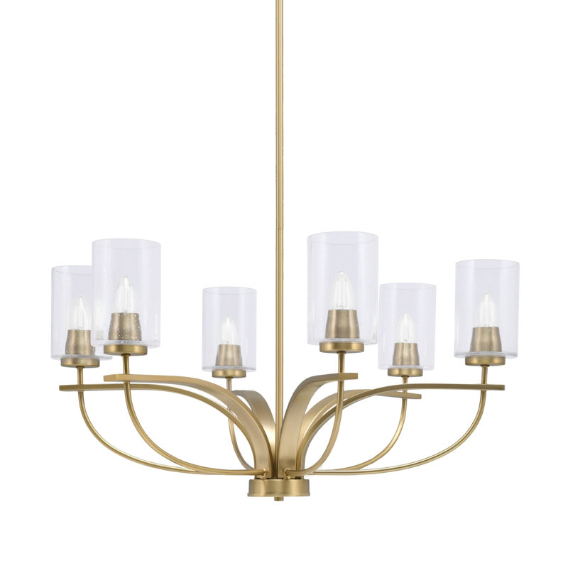 Lustre à 6 lumières verticales Unia présenté en finition nouvel âge avec verre transparent de 4 po Unia