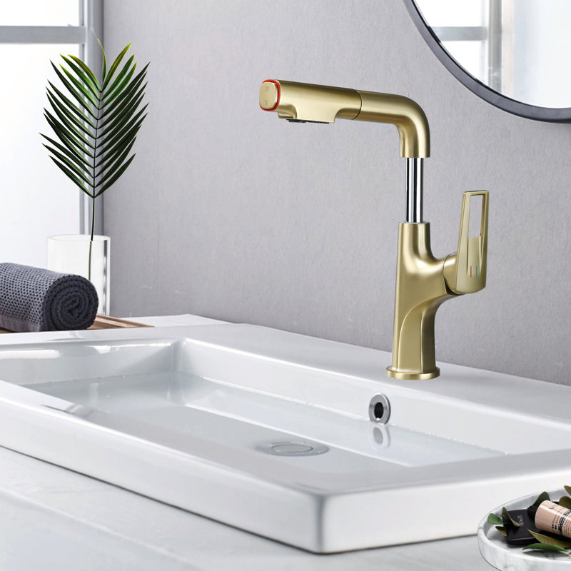 Brushed Gold Bathroom Faucet With 23.6 In Retractable Hose, 3.55 Lift Range And One - Touch Rinse Mode Spout 500000 Cycle Tested Ceramic Cartridge