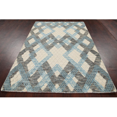 Tapis de la surface en laine marocain/ivoire 5 pi 3 po x 7 pi 11 po one-of-kind à la main noué la new age
