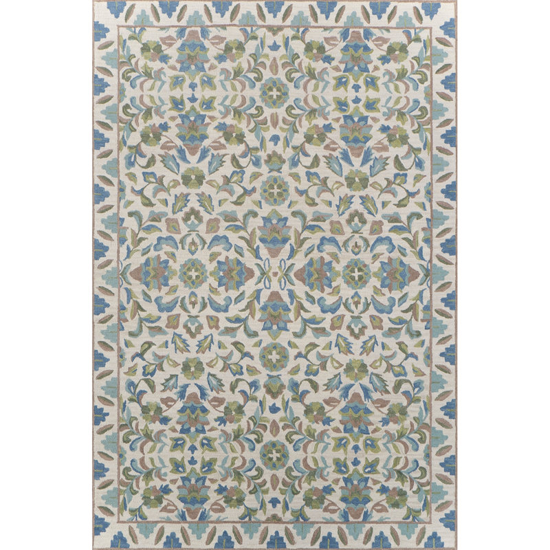 Lugano Hand-Tufted Wool Loop Pile Indoor Rug Traditional Bordered Cream Blue Green, Rectangle 9' x 13'