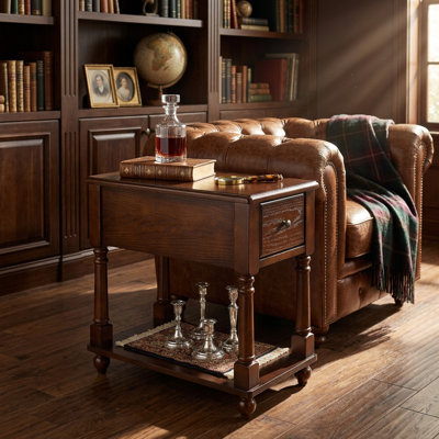 Montevideo Collection Mid-Century Modern Wood End Table with Drawer and Storage Shelf, Rectangular Veneer Side Table for Living Room, Bedroom and Small Spaces, Walnut Brown, Dark Walnut