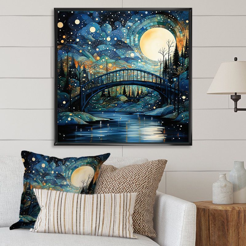 Teal Bridge Flowing Connections Pointillism II - Pointillism Wall Art Living Room, 24" H x 24" W, Cadre flottant noir