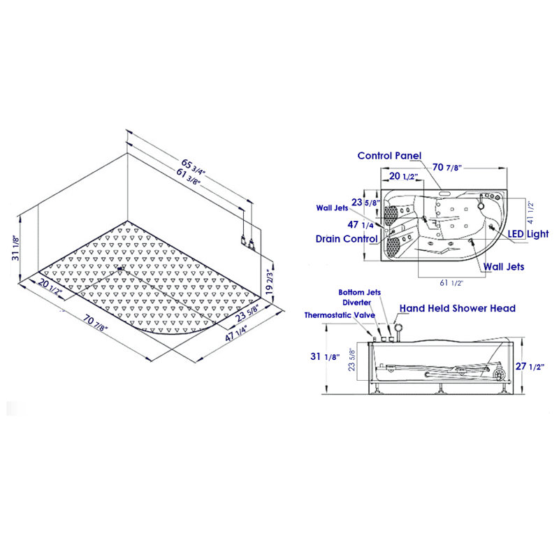 Baignoire tourbillon d'angle 70,9 "x 47,25", Droite