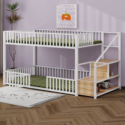Metal Bunk Bed With Storage Ladder, Modern Bunk Bed With Fully Enclosed Safety Rail