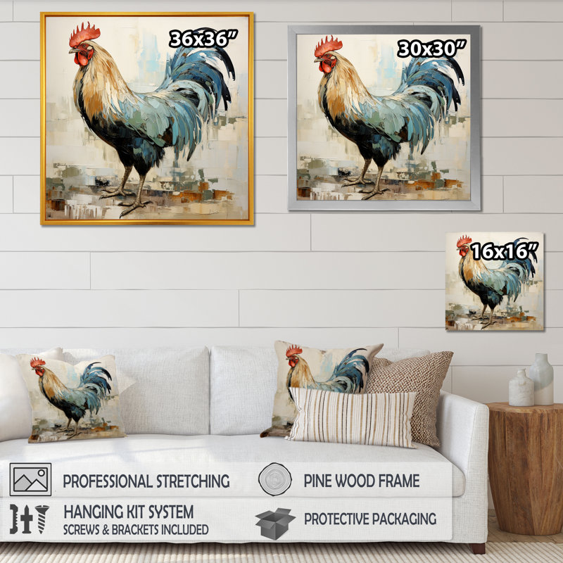 Coq rustique en bois Peck IV - Art mural encadré de poulet, Cadre doré simple, H 36 po x l 36 po x P 1,5 po