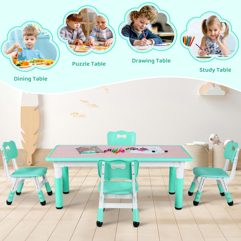 Kids Table and 4 Chair Set, Height Adjustable Toddler Table and Chair Set, Non-Slip Legs, Graffiti Desktop, Large Children Activity Table