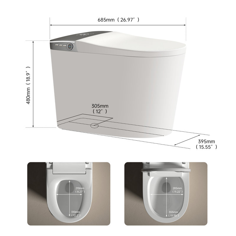Toilette intelligente 18,9 po H d'Uniwa, lumière Uvc, siège chauffant, télécommande sans fil, séchoir à air, chasse automatique, multifonction, toilette fixée au sol, blanc brillant