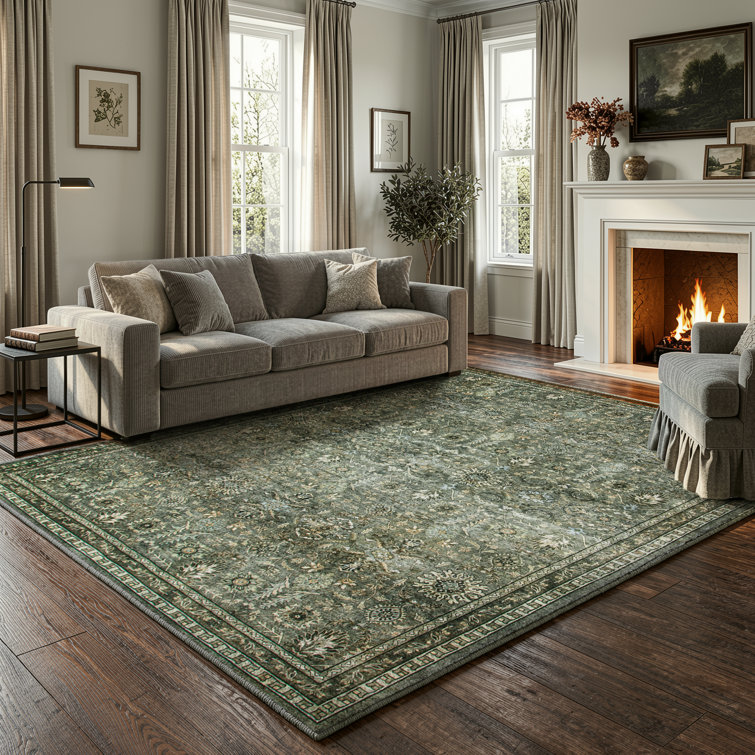 Watte Vintage Floral Border Washable Area Rug with Non-Slip Backing for Living Room & Bedroom