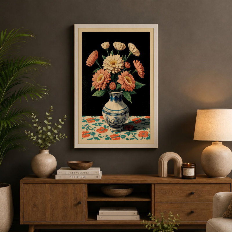 Chrysanthemum Arrangement Botanical - Wrapped Canvas, 18x12 - 45.7 x 30.5 cm, Teal Border