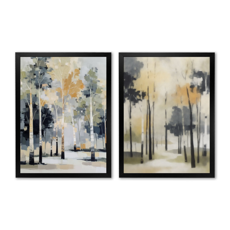 «White and Black Birch Trees Forest Panorama - White Nature», art mural sur toile, H 32 po x l 48 po, Cadre simple noir