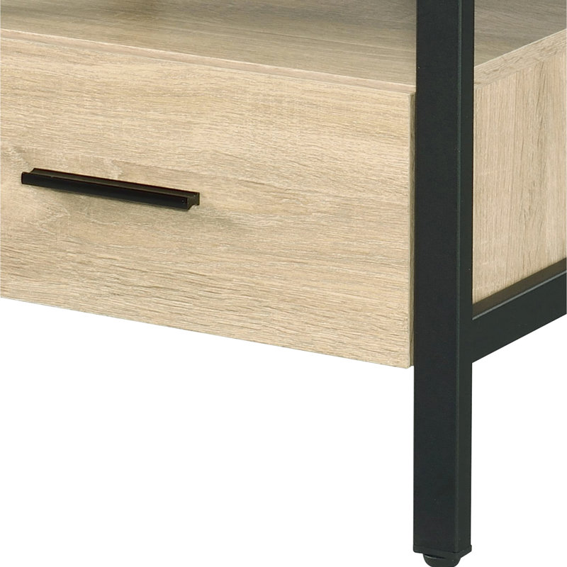 Table d'appoint chêne et noir, pieds en métal, avec tiroir de rangement et tablette ouverte