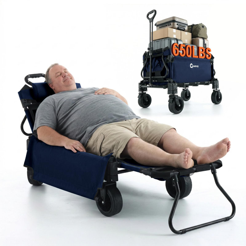 2-in-1 Foldable Festival Trolley Converts to Lounge Chair, Heavy-Duty Camping Wagon with 360° Swivel Wheels, Parking Brake & Drink Holder for Beach, Garden and Outdoor Use