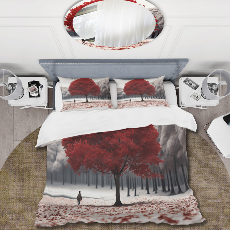 Ensemble de housse de couette Red And Grey Tree Solitude I - Landscape Trees, Housse de couette pour très grand lit et 2 très