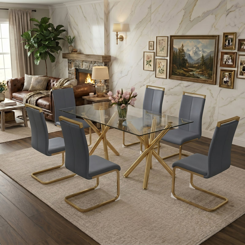 Modern Glam Faux Leather Dining Set with Tempered Glass Table -7-Piece, Gray,  7 Pieces: Table, 6 Chairs