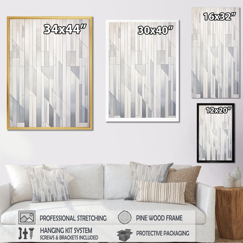 Gris, blanc, platine, parallèles - formes abstraites, art mural, H 44 po x l 34 po x P 1,5 po, Toile tendue